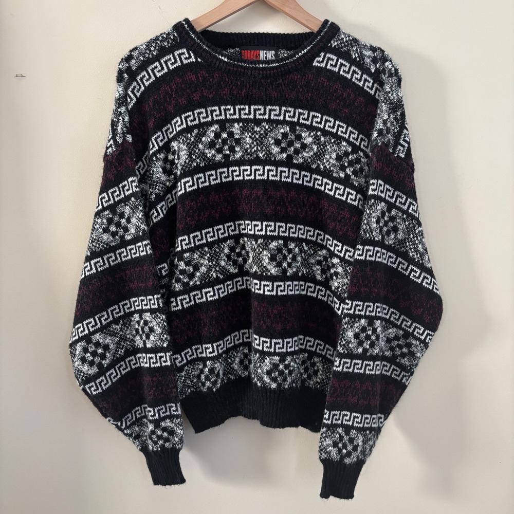 Todays News Vintage Mens Large Greek Key Fair Isle Knit Sweater Black Burgundy